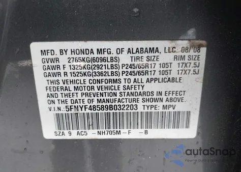 2009 Honda Pilot Ex-L z USA, uszkodzony, nr VIN 5FNYF48589B032203